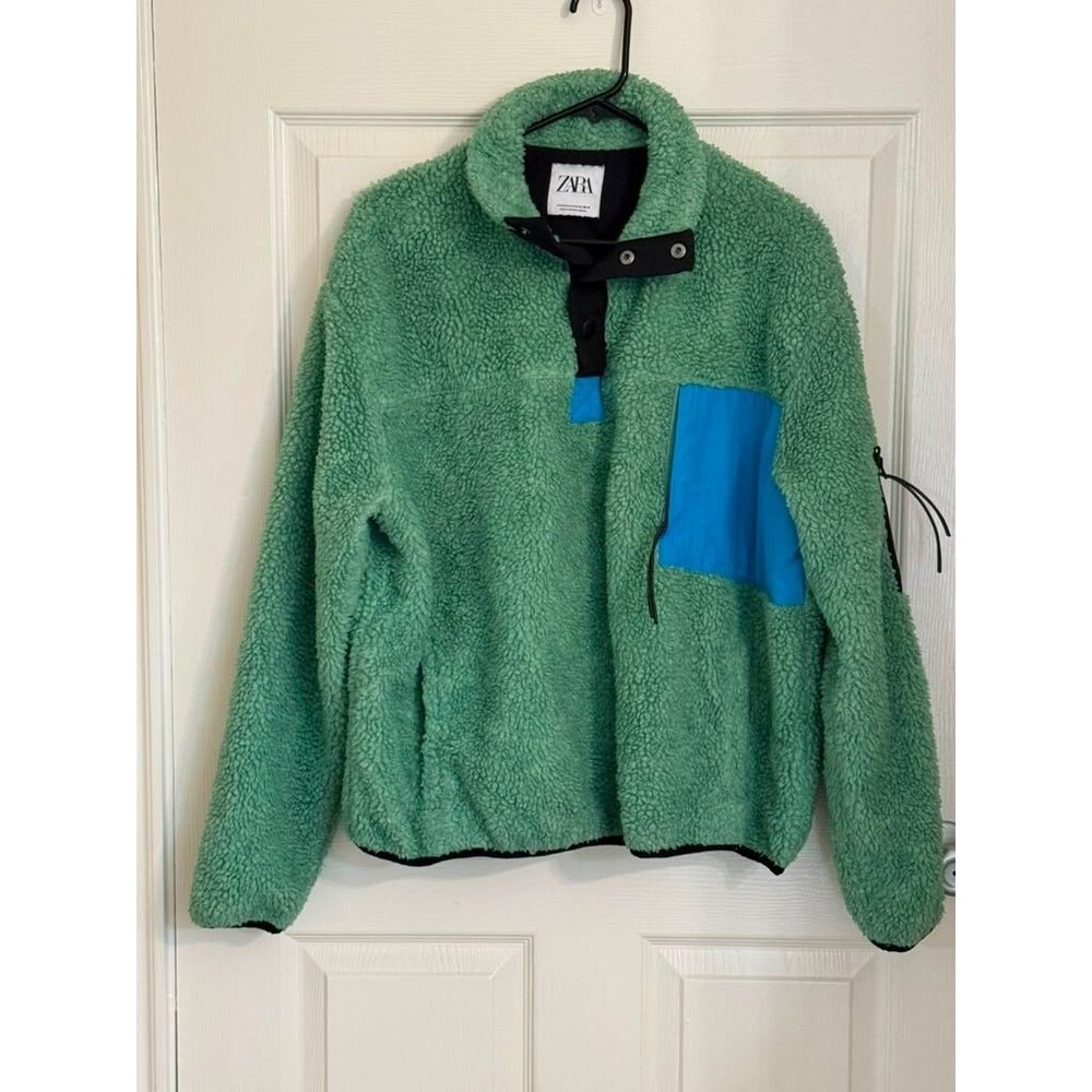 Zara Sherpa Fleece Pullover Jacket Green Blue Snap Neck Women's S